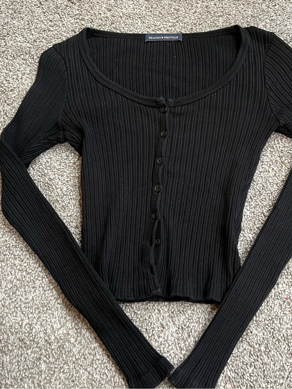 Brandy Melville Black Ribbed Button-Front Long Sleeve Top - Scoop Neck